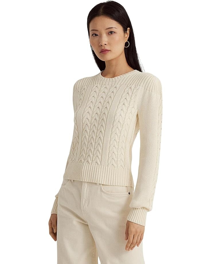 

Свитер LAUREN Ralph Lauren Petite Cable-Knit Puff Sleeve Sweater, кремовый, Бежевый