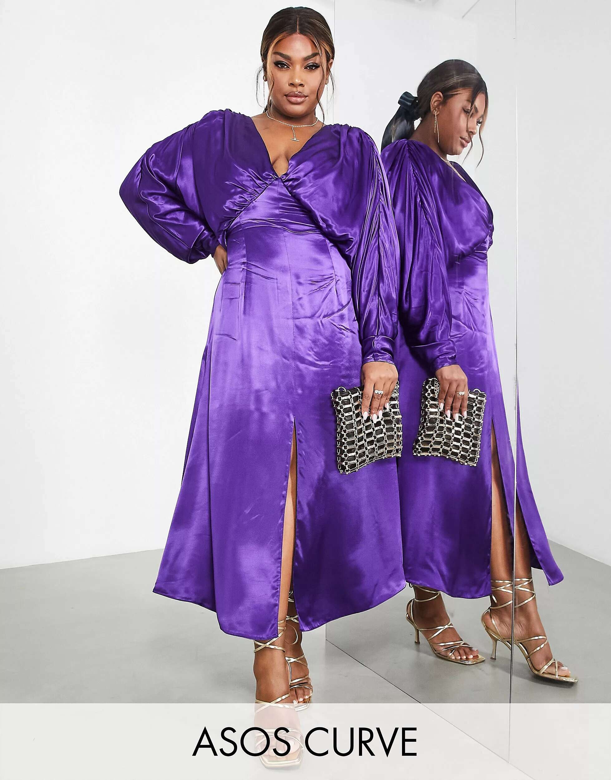 Пурпурное атласное платье миди с драпировкой и крыльями летучей мыши ASOS Curve