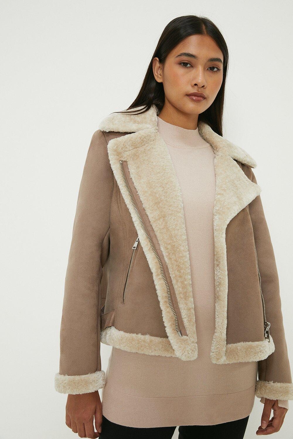 

Миниатюрная короткая короткая дубленка-авиатор Dorothy Perkins, бежевый
