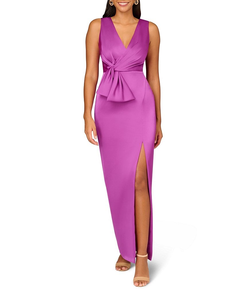 Aidan Mattox Атласное платье без рукавов с закрученной талией и V-образным вырезом, фиолетовый