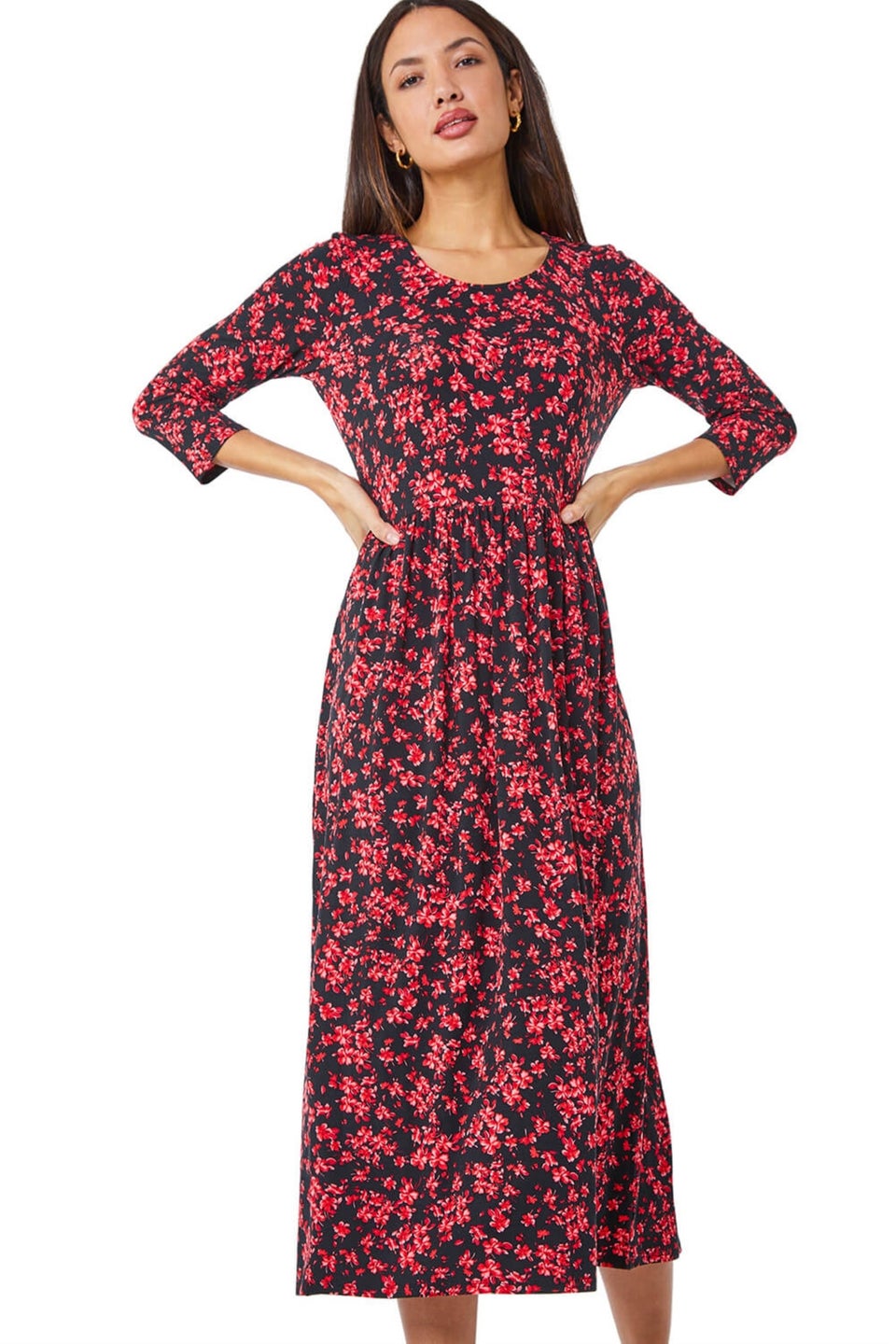 Красное эластичное платье миди с цветочным принтом Roman