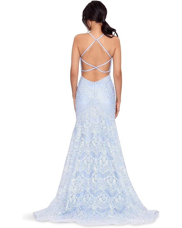 

Платье Betsy & Adam Long Mermaid Lace Gown with Stones, светло-синий