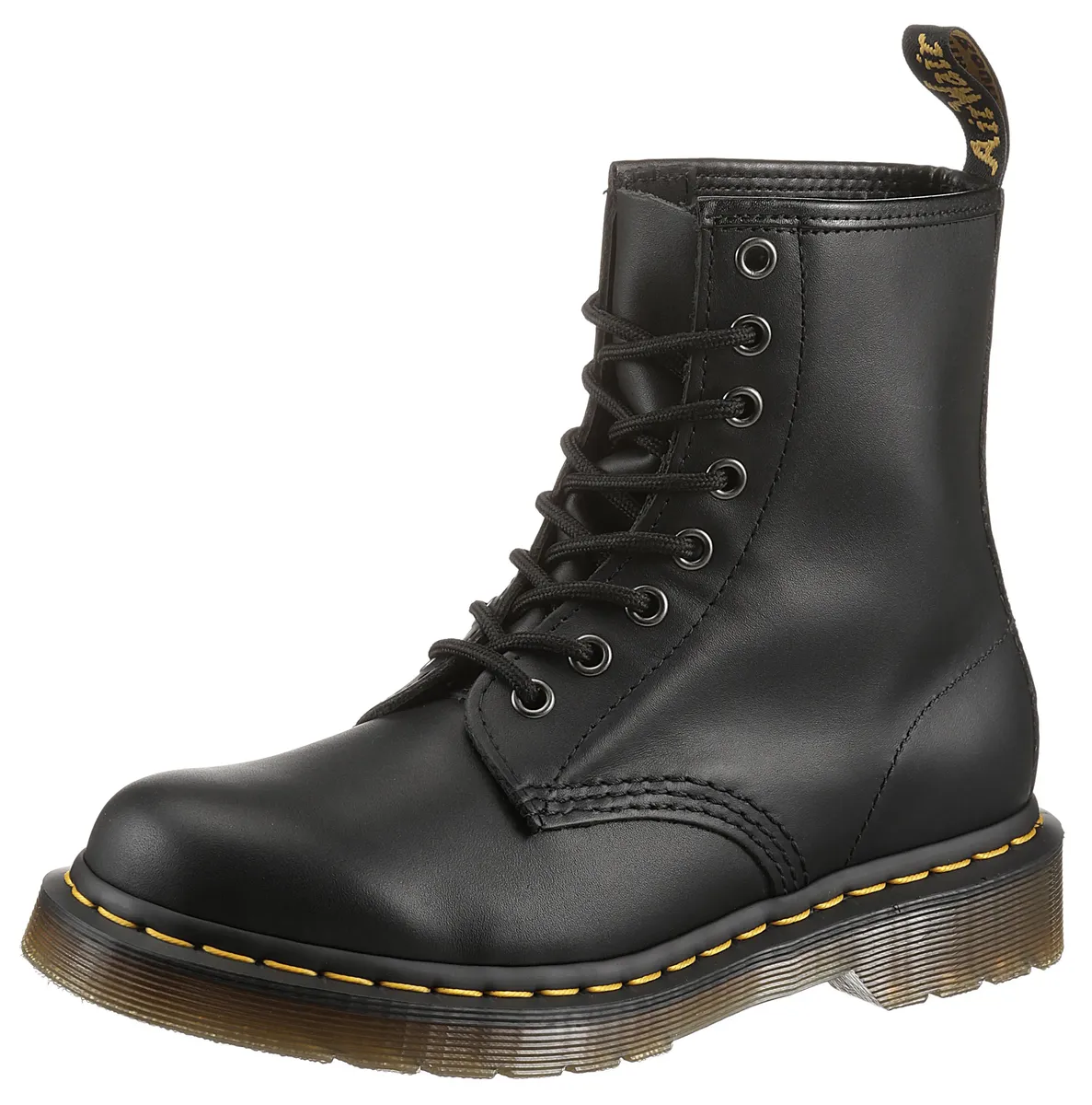 

Ботинки на шнуровке DR. MARTENS "1460 8 Eye Boot", фестивальный, блочный каблук, ботинки на шнуровке с желтым каркасным швом, черный