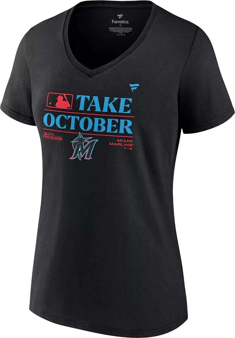 

Женская футболка MLB в постсезоне 2023 "Take October" в раздевалке Miami Marlins