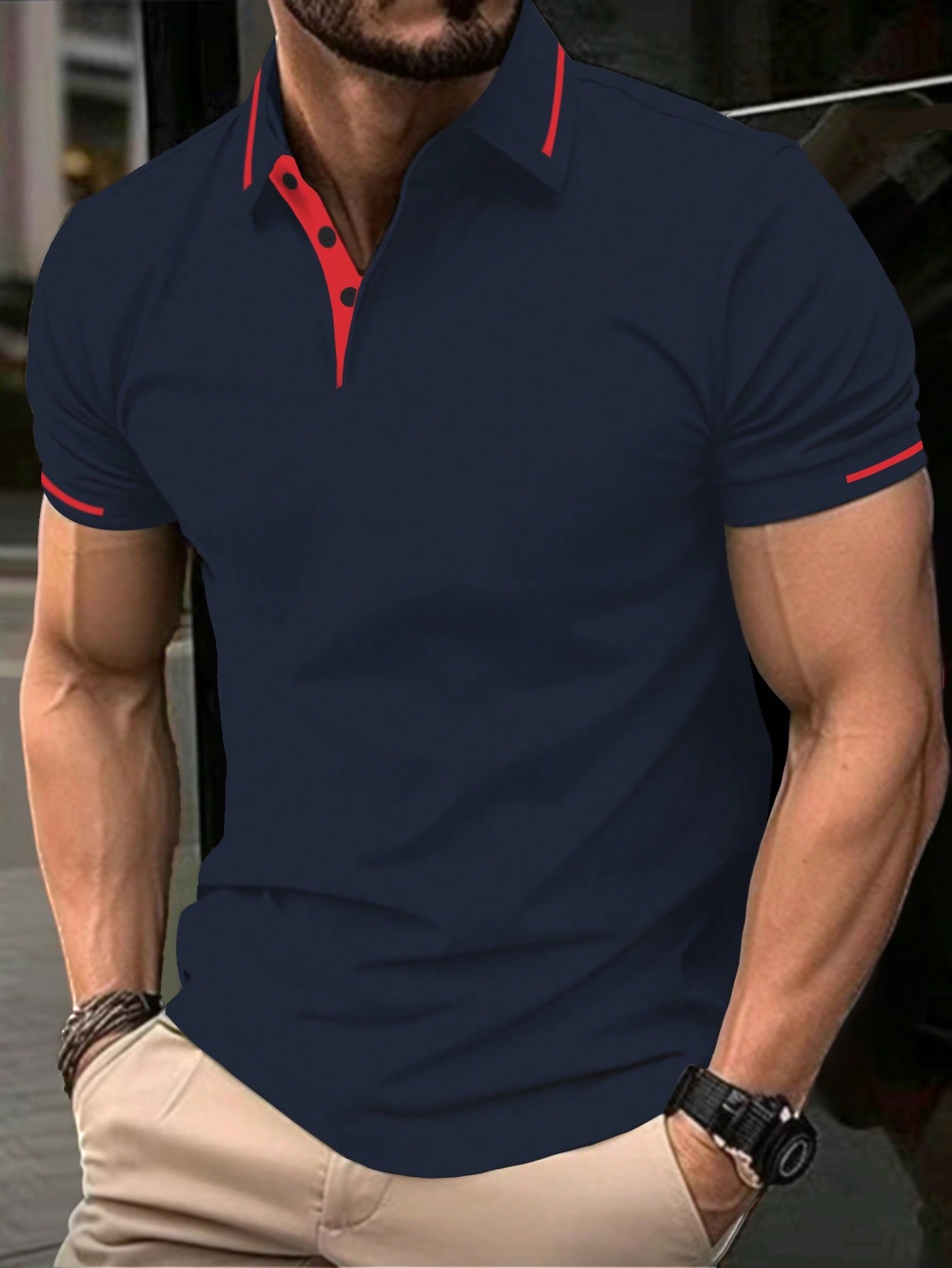 Мужская однотонная рубашка-поло с короткими рукавами, темно-синий фото