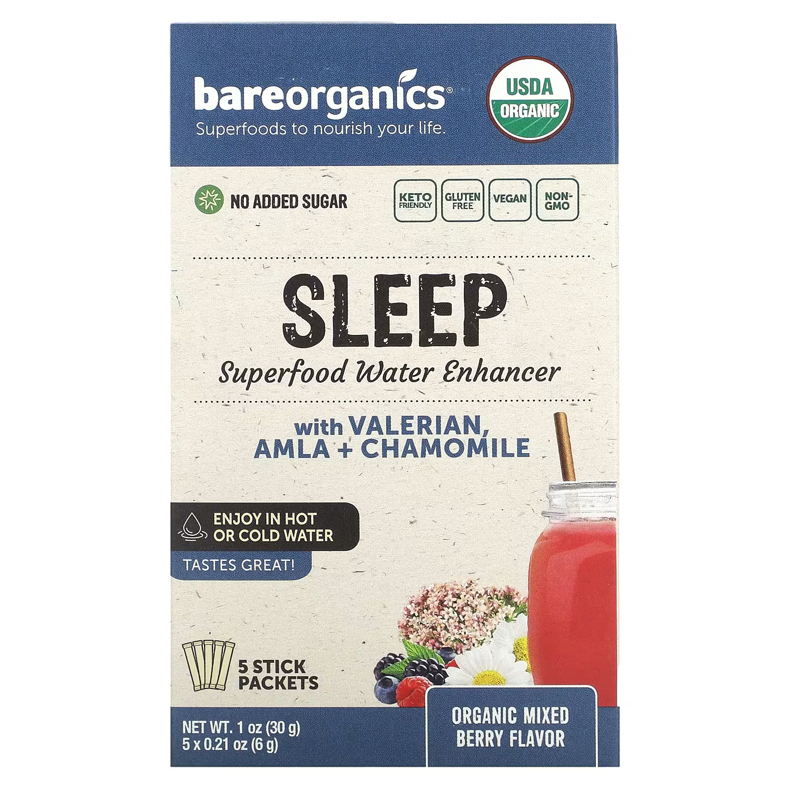 Органическая смесь ягод BareOrganics Sleep Superfood Water Enhancer, 5 пакетиков-стиков