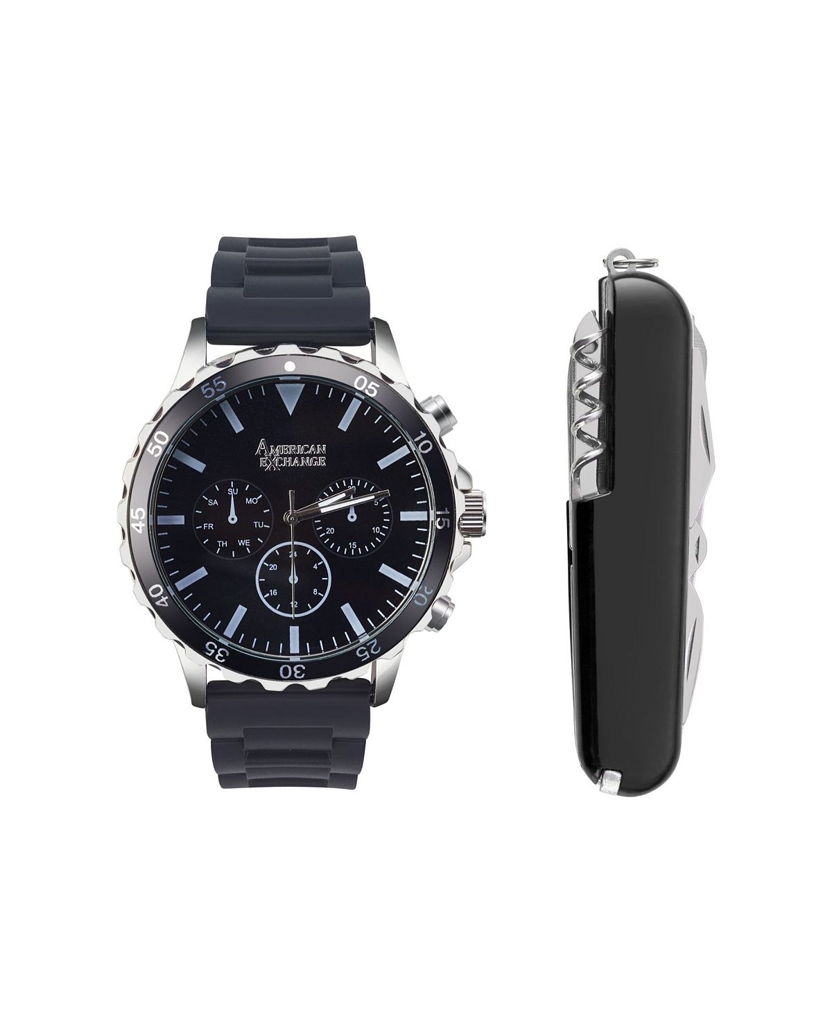цена Мужские аналоговые часы из черного силикона с кварцевым механизмом, 50 мм, универсальный инструмент и дорожная сумка на молнии American Exchange