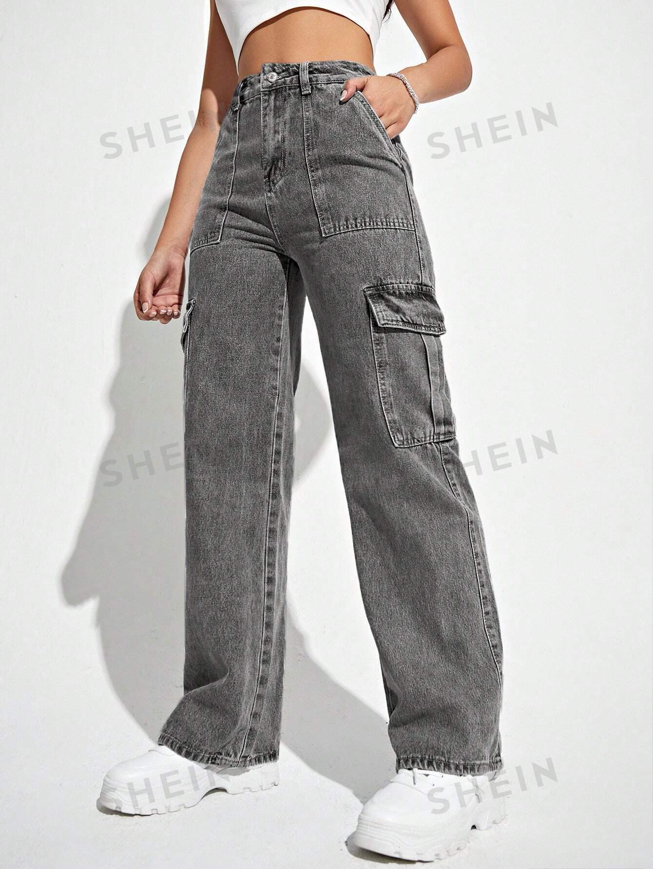 цена SHEIN Coolmax Джинсовые брюки с карманами и откидными карманами в стиле рабочей одежды, темно-серый