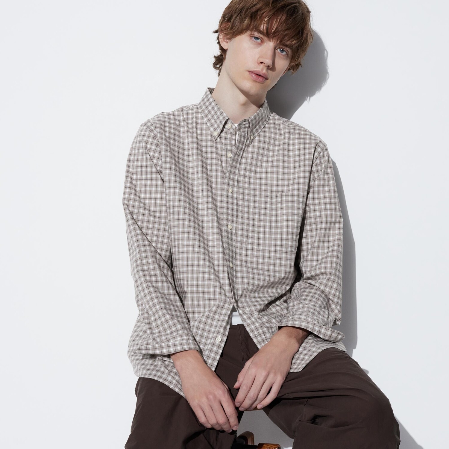 

Рубашка UNIQLO в широкую клетку из тонкого хлопка, хаки