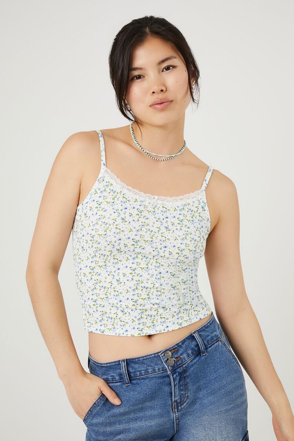 

Укороченная майка с цветочным принтом Forever 21, синий