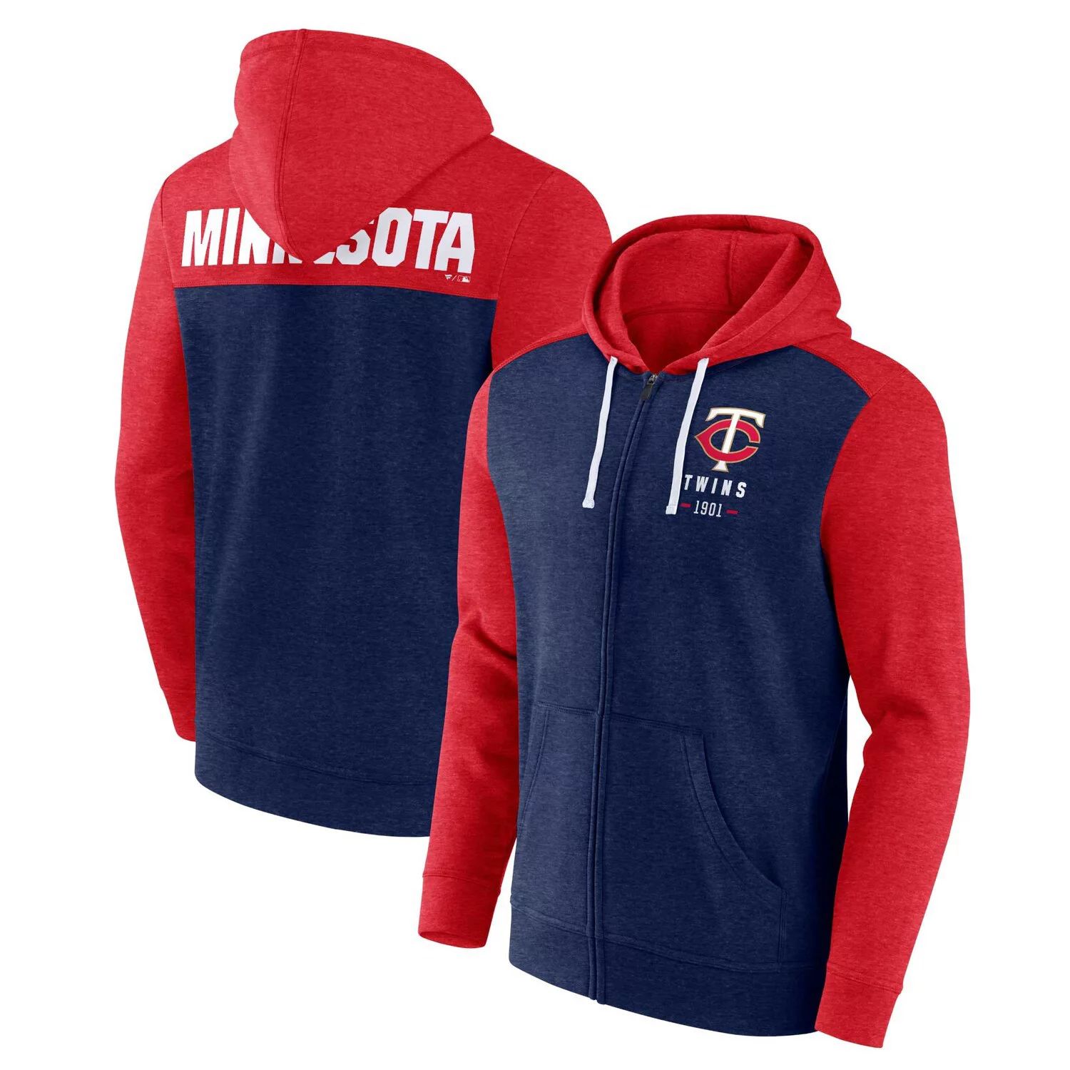 

Мужская толстовка с капюшоном Fanatics Branded Heathered Navy/Heathed Red Minnesota Twins Blown Away с молнией во всю длину