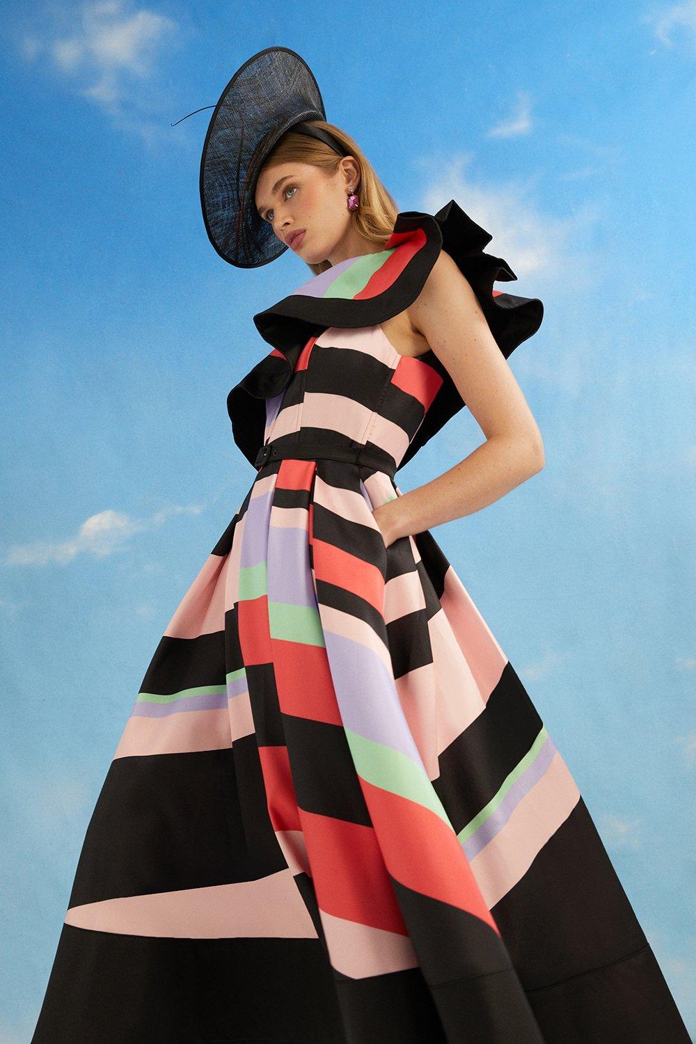Платье миди на плечах с оборками и полосками Lisa Tan Geo Coast, мультиколор