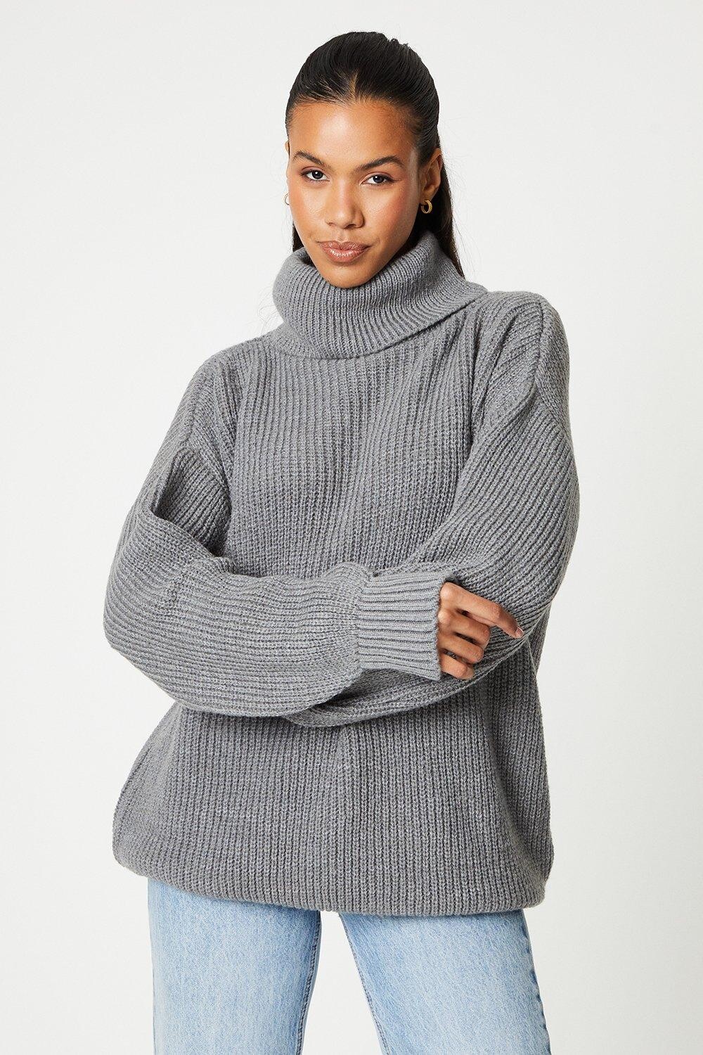 

Высокий удлиненный массивный джемпер с высоким воротником Dorothy Perkins, серый