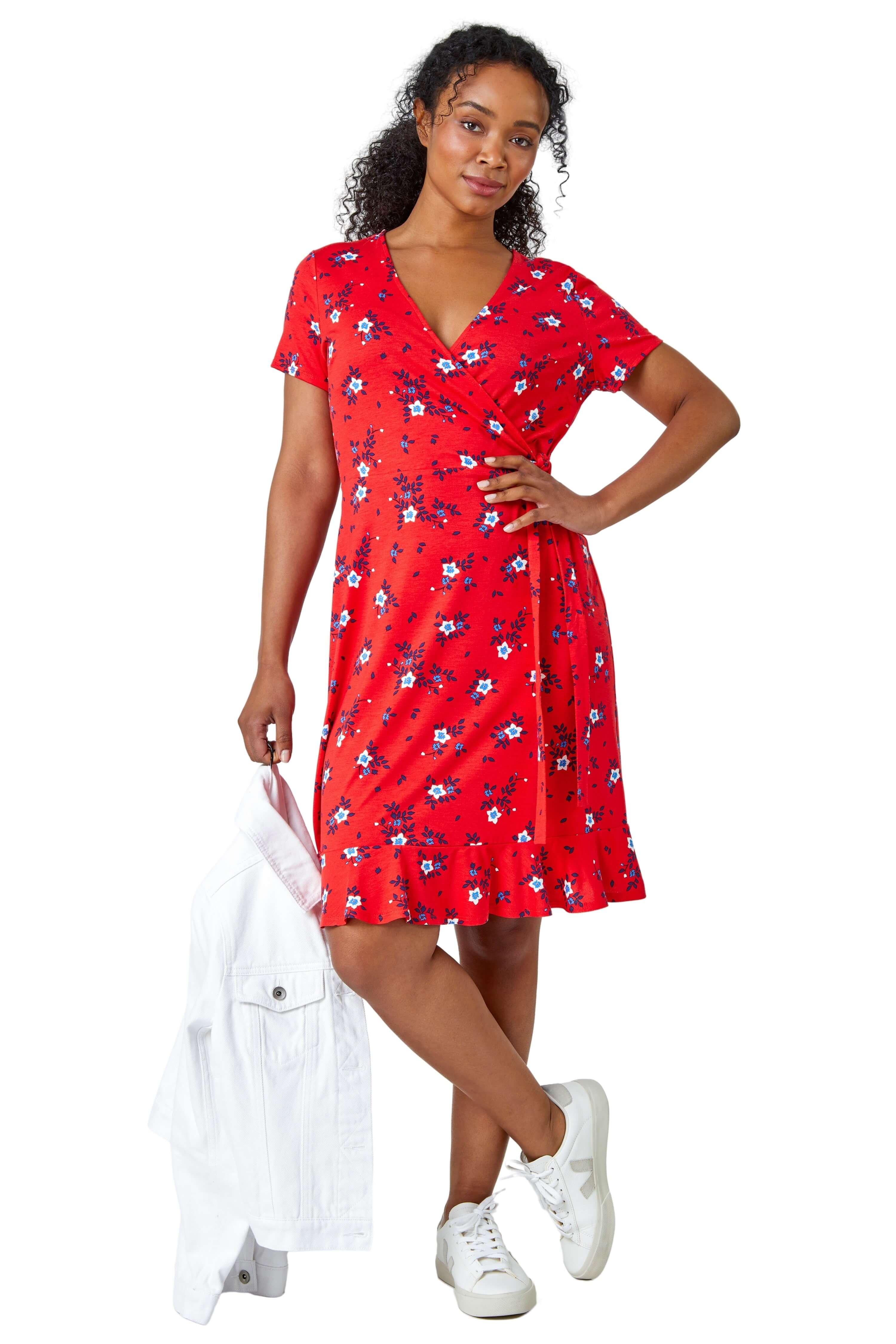 Миниатюрное эластичное платье с запахом и цветочным принтом Roman, красный