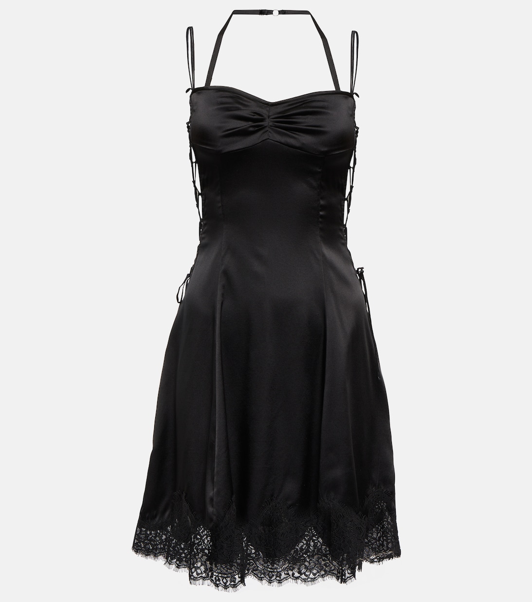 Мини-платье из шелкового атласа с кружевом DIDU, черный