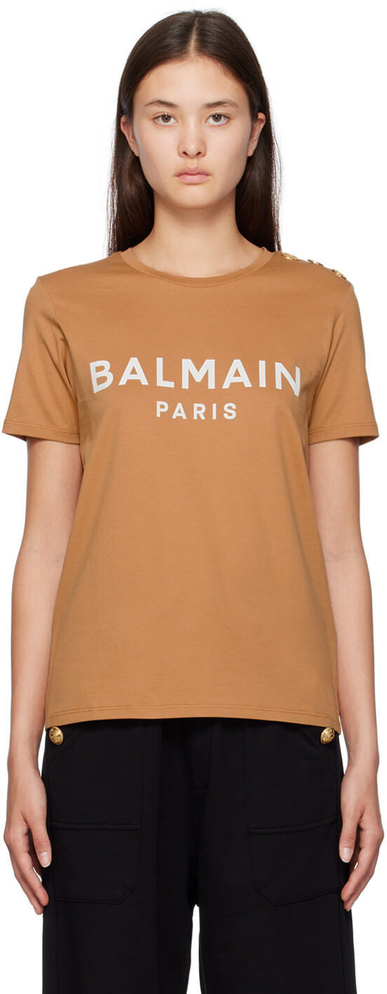 

Balmain Светло-коричневая футболка с принтом, Коричневый