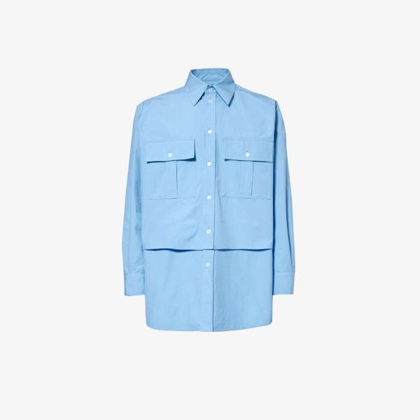 Многослойная хлопковая рубашка с карманами и клапанами Bottega Veneta, синий цена и фото