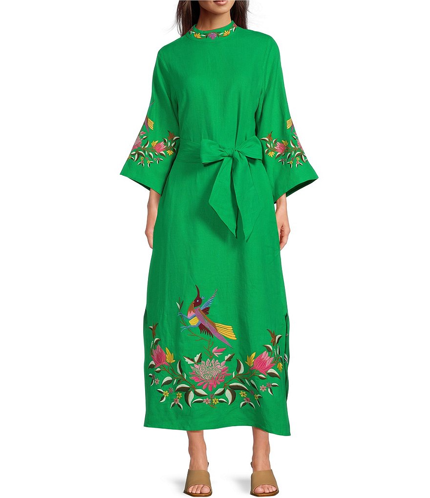 Fanm Mon Asia льняное платье-кафтан с разрезами по бокам и рукавами 3/4, цветочной вышивкой и поясом, зеленый 42992