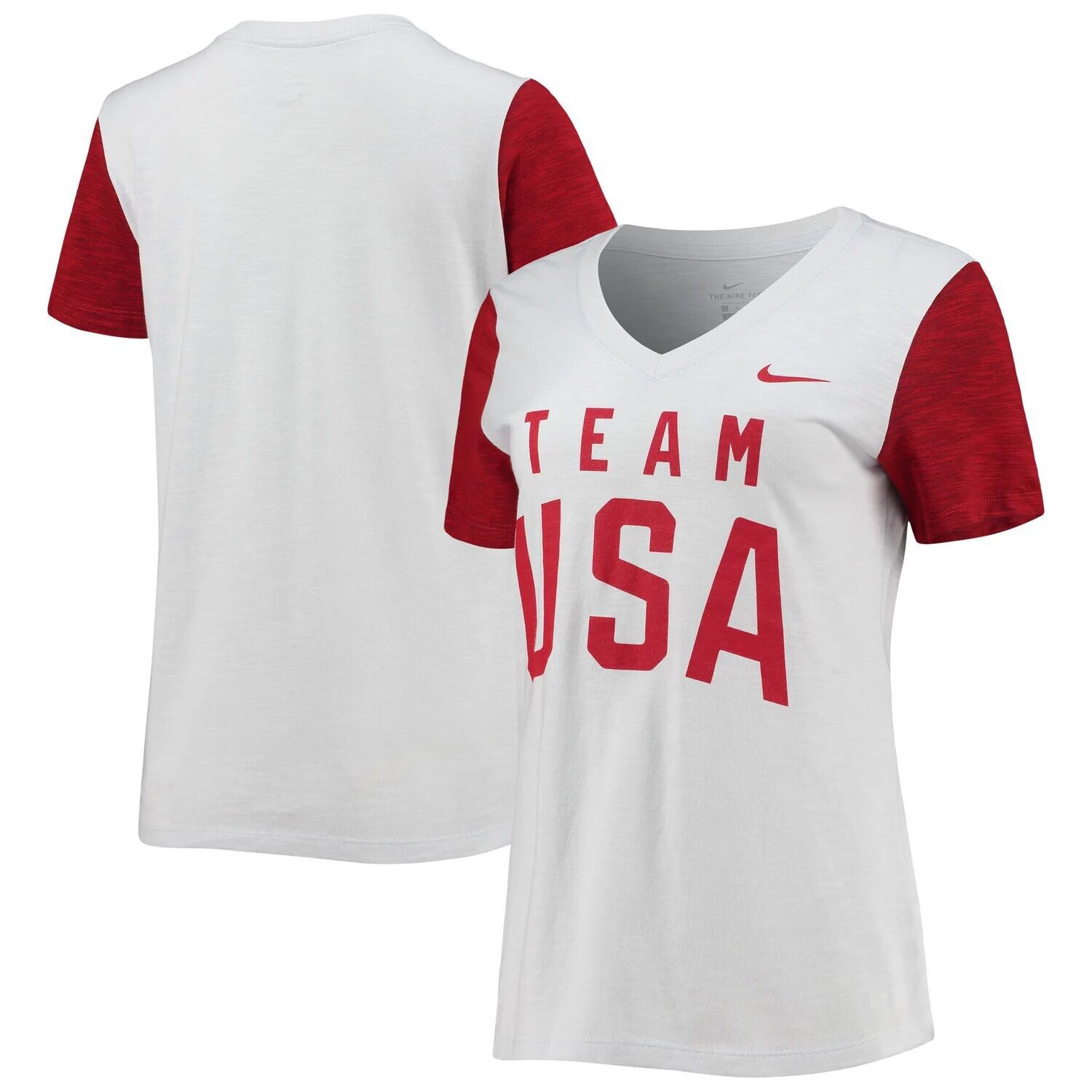 

Женская бело-красная футболка Nike Team USA Performance Cotton Slub с v-образным вырезом и цветными блоками Nike, Красный