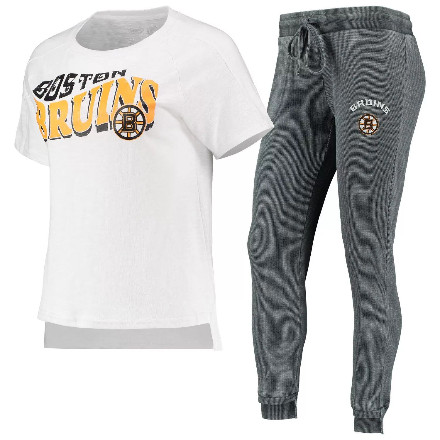 

Женская футболка Concepts Sport угольный/белый Boston Bruins Resurgence Slub Burnout реглан и комплект для сна с джоггерами