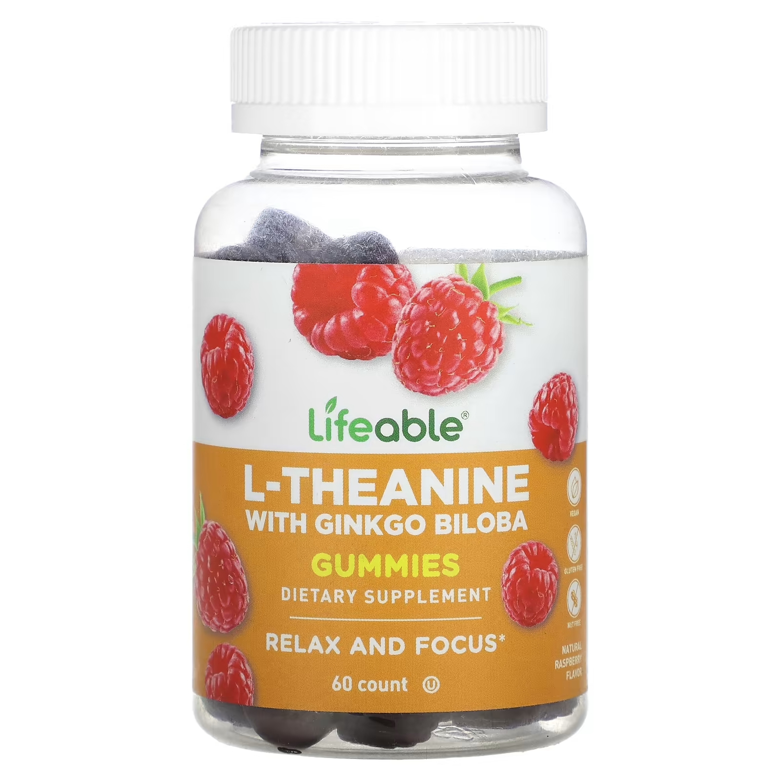 цена L-теанин Lifeable с гинкго билоба, натуральная малина, 60 жевательных таблеток
