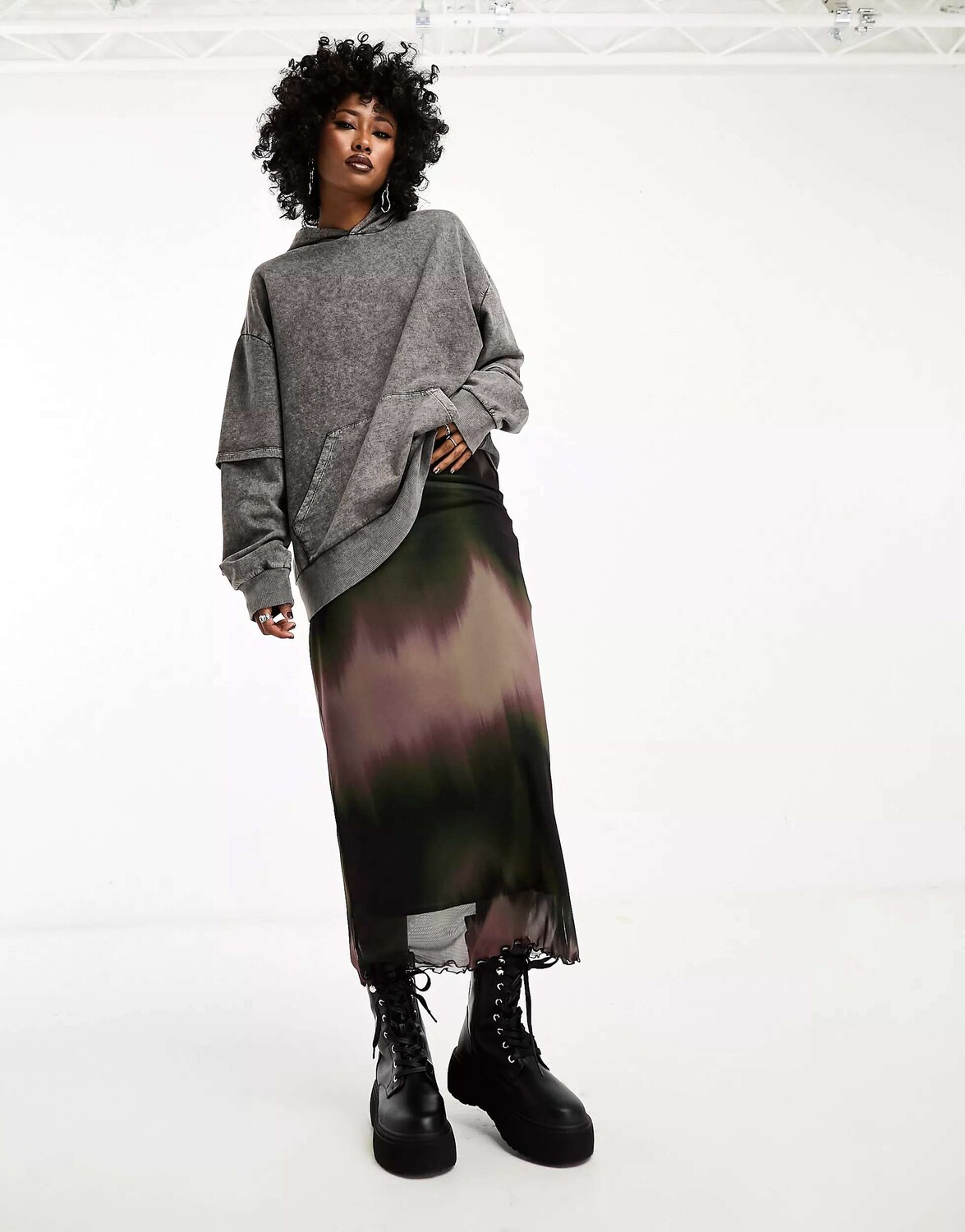 

Сетчатая юбка миди с размытым принтом ASOS