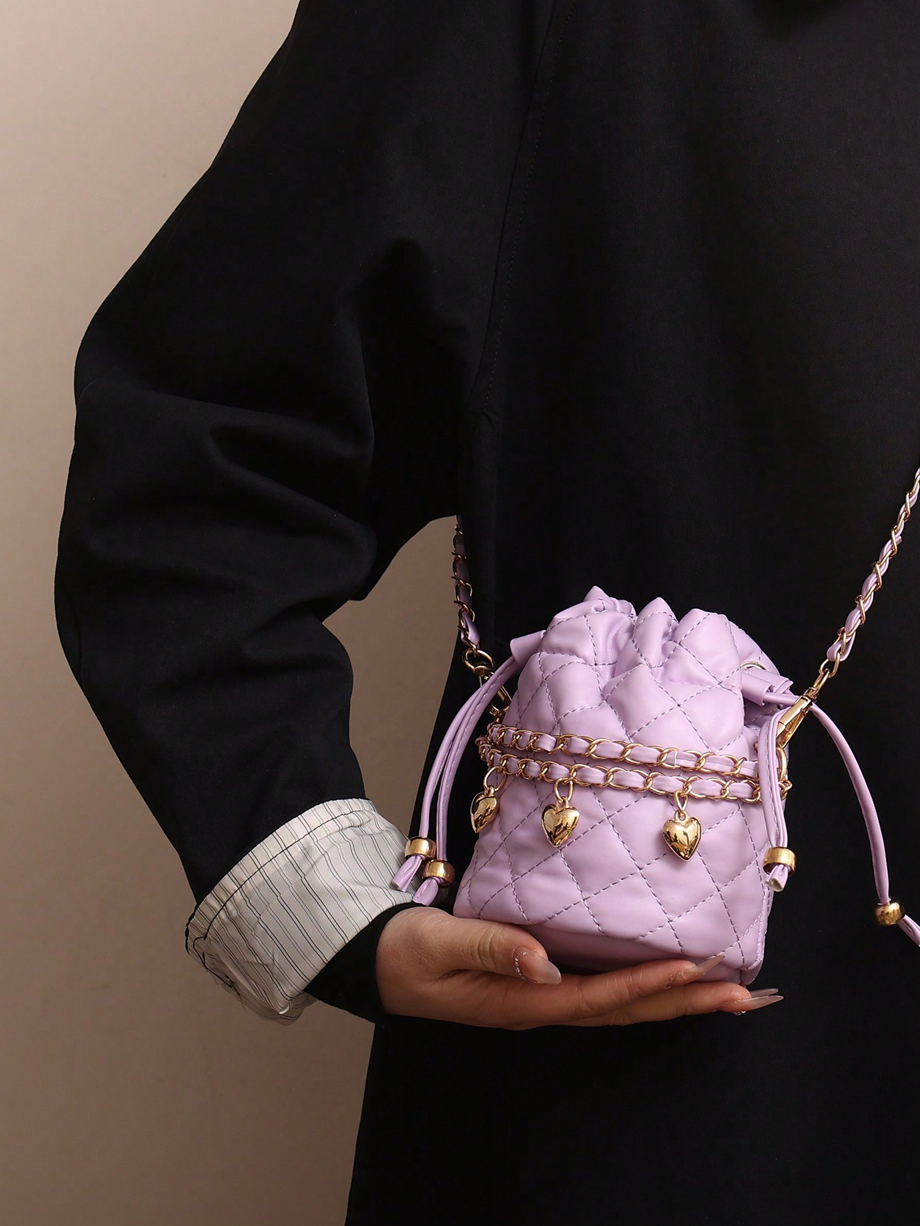 Миниатюрная повседневная сумка-мешок на цепочке с вышитым ромбовидным/квадратным узором, сиреневый фиолетовый