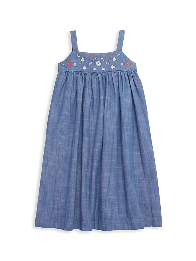 Платье с вышивкой из шамбре для маленьких девочек и девочек Bonpoint, цвет denim