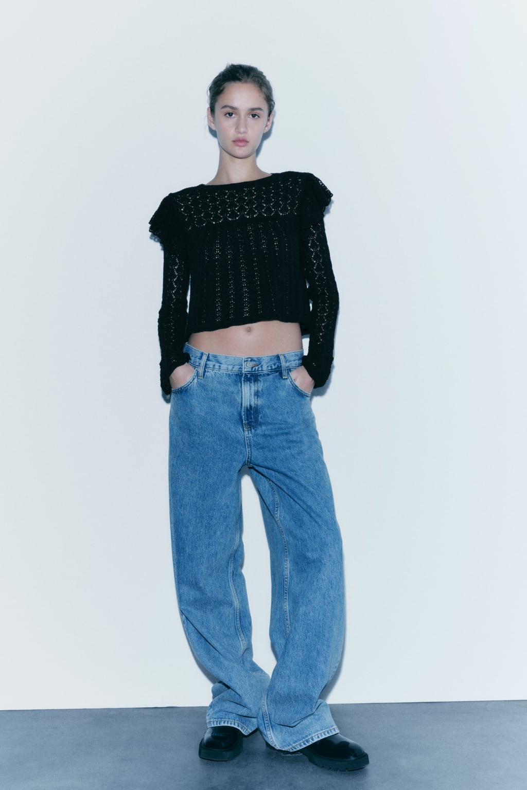 

Вязаный романтический топ Pointelle ZARA, черный