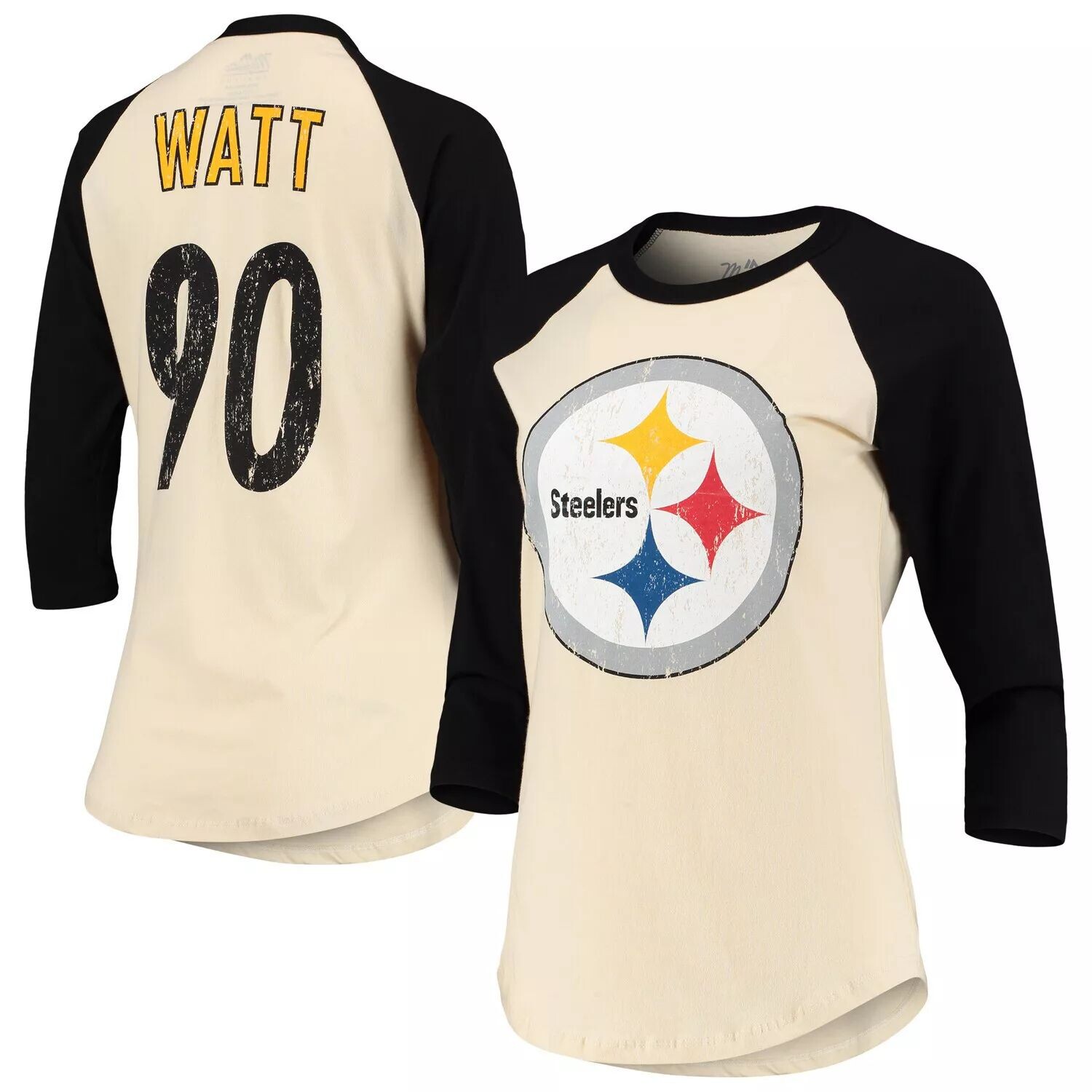 

Женские фанатики под брендом T.J. Кремовая/черная футболка Watt Pittsburgh Steelers Player с именем и номером в стиле реглан, с рукавами 3/4, Черный