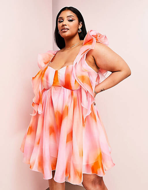 

Розовое платье мини с чашечками и оборками на плечах ASOS LUXE Curve