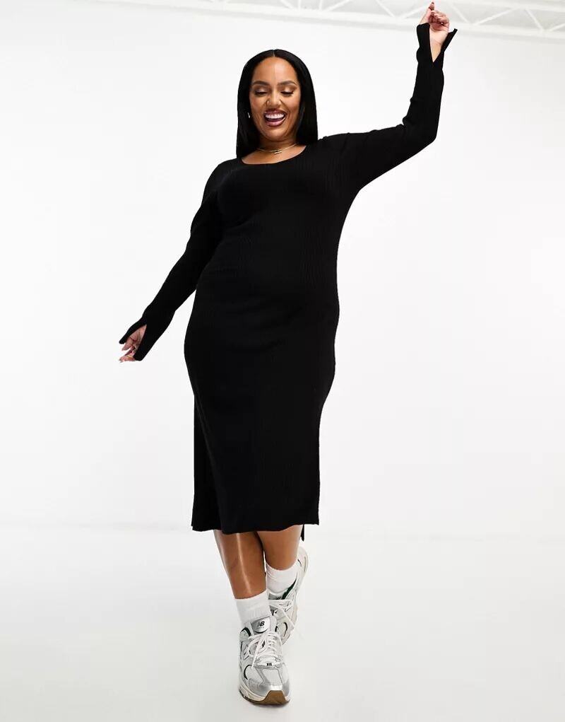 

Черное трикотажное платье миди в рубчик с V-образным вырезом ASOS DESIGN Curve