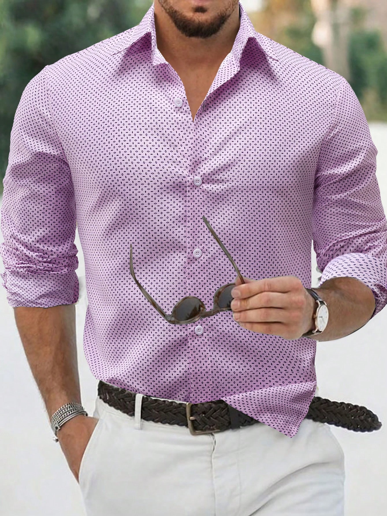 Мужская рубашка с длинным рукавом с принтом (произвольный крой), розовый