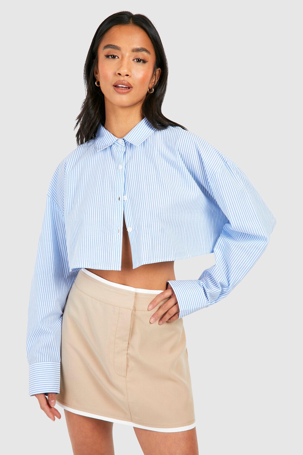 

Укороченная рубашка в полоску Petite boohoo, синий