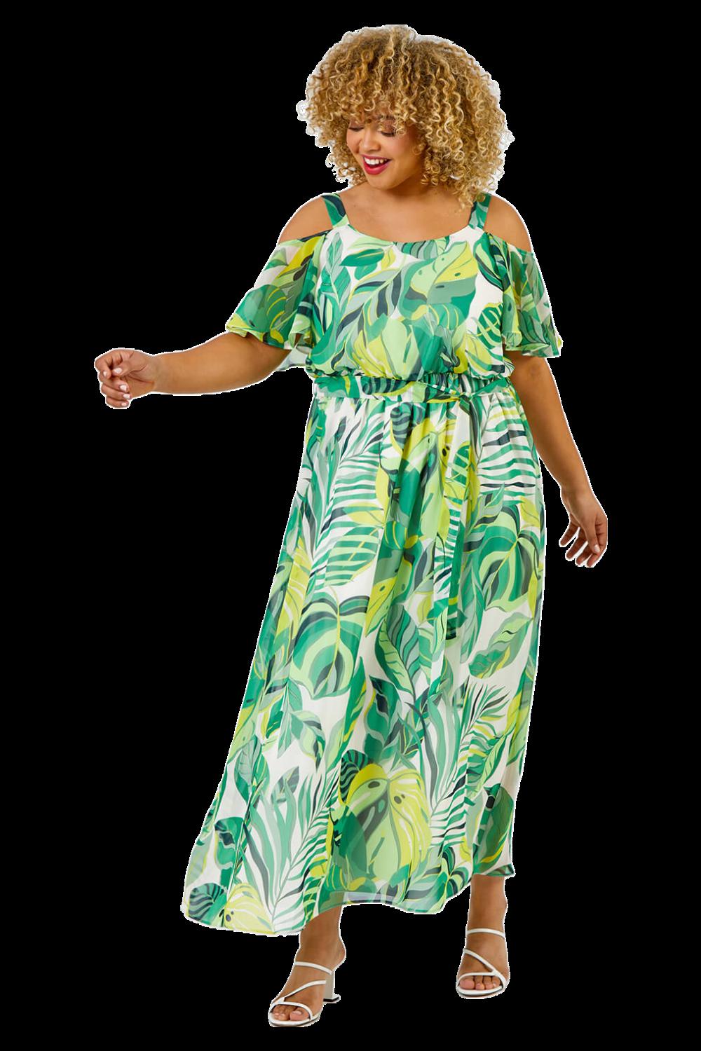 Платье макси с открытыми плечами и принтом тропических листьев Curve Roman, зеленый