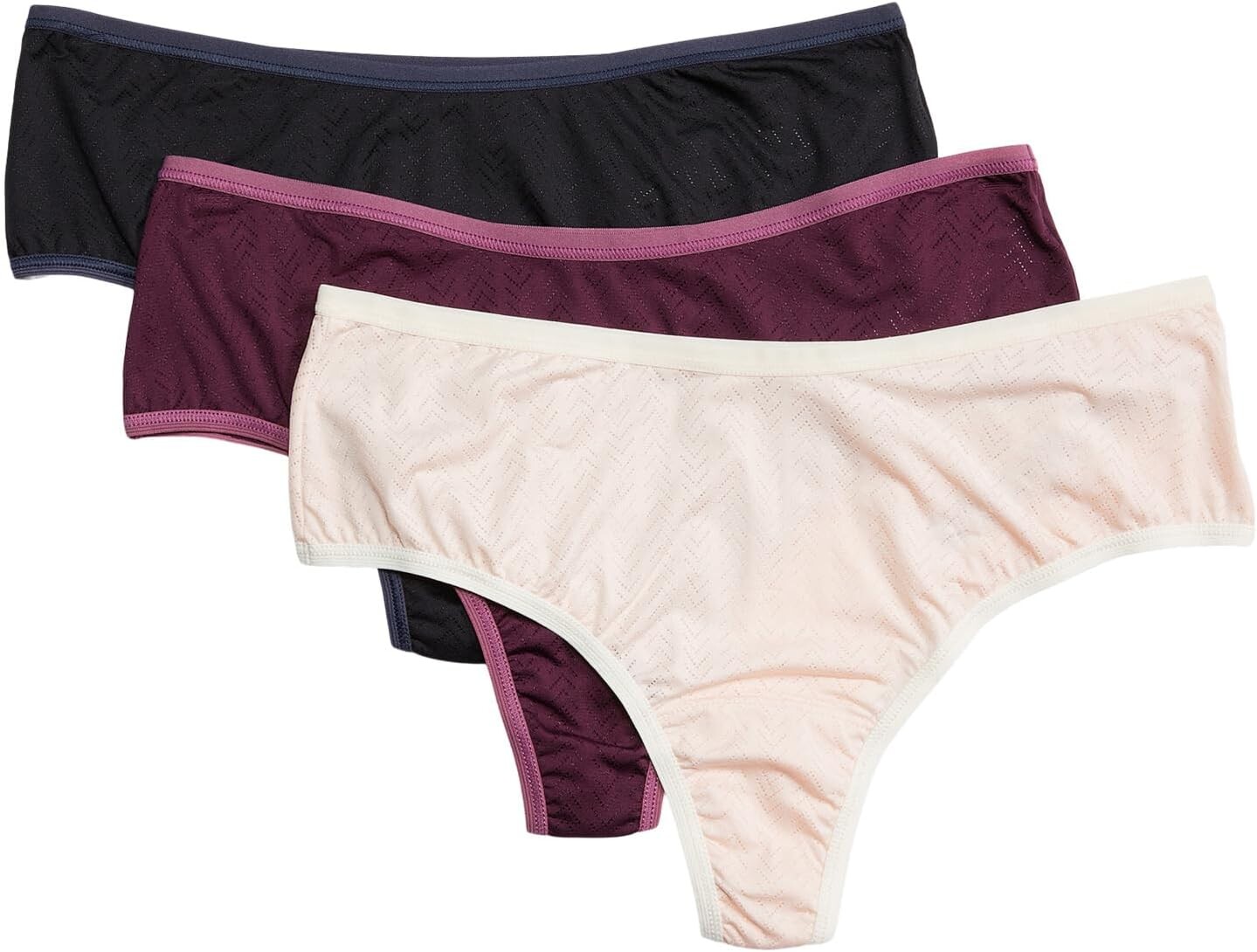 

Стринги Hanky Panky Movecalm High-Rise Thong 3-Pack, цвет Pearl/Marshmallow/Dried Cherry/Damson Plum/Black/Granite