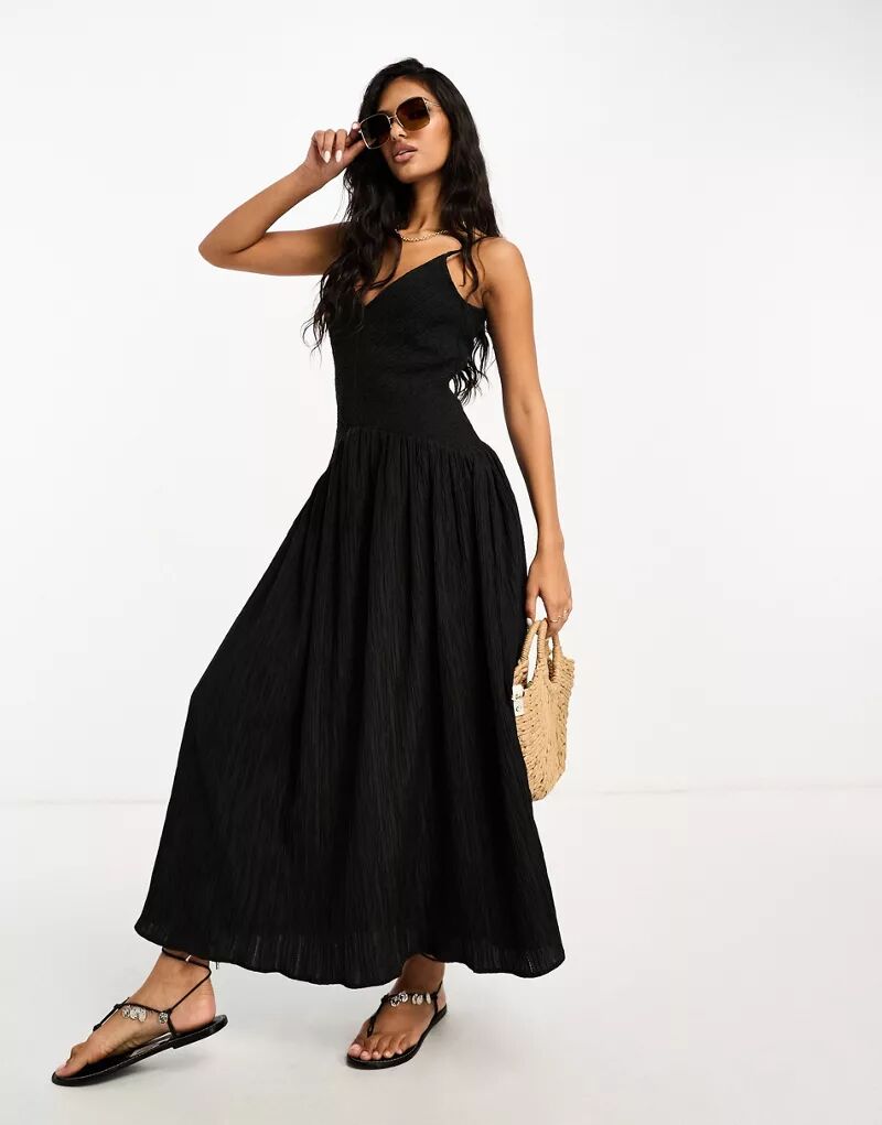 Черное летнее платье миди с пышной юбкой и жатой текстурой ASOS цена и фото