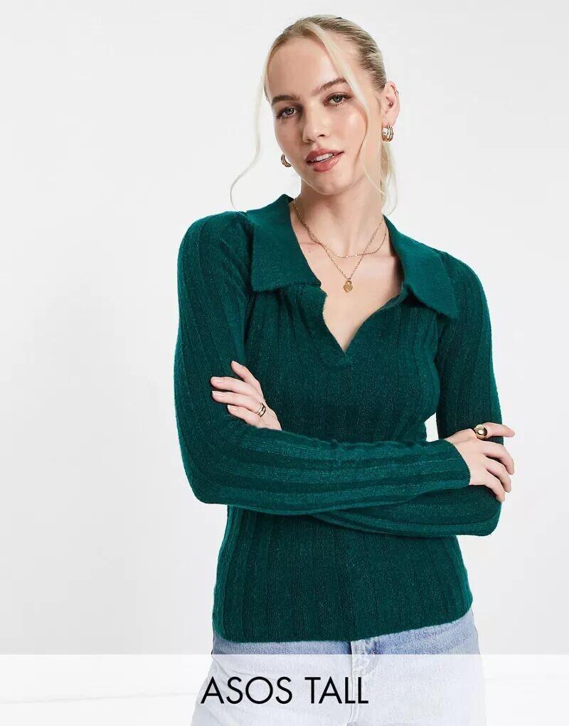 

Зеленый джемпер в рубчик с открытым воротником ASOS DESIGN Tall