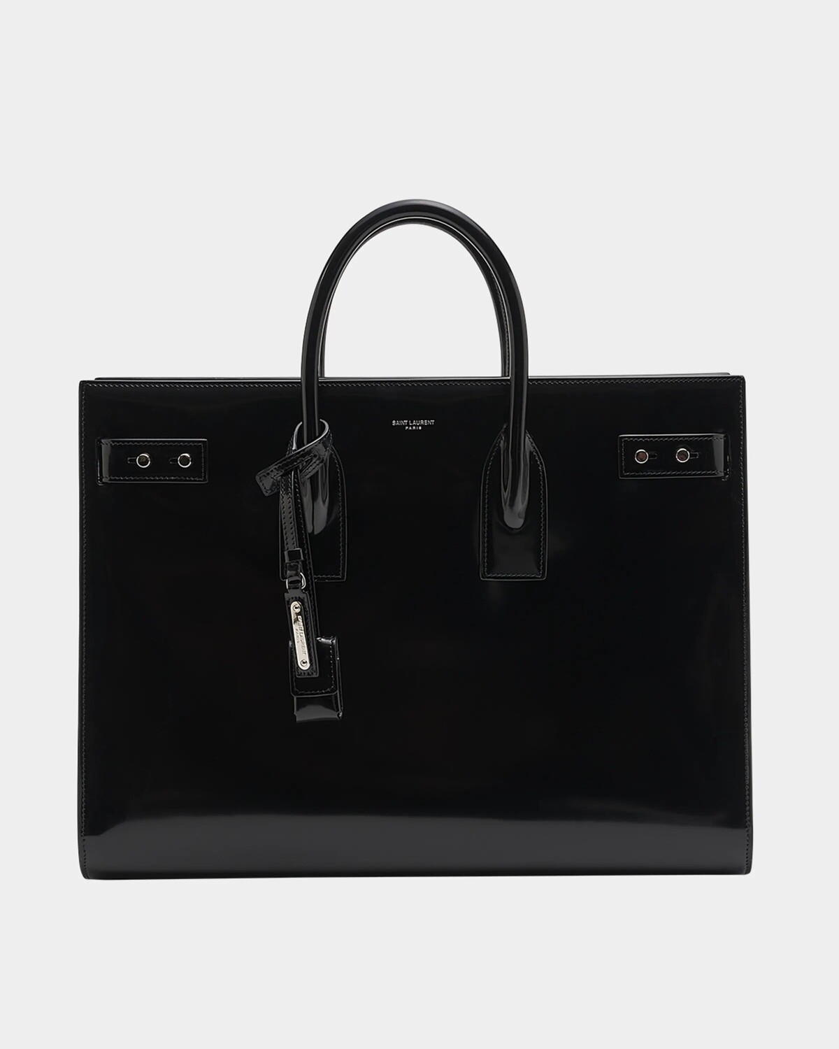

Мужская большая тонкая сумка-тоут из лакированной кожи Saint Laurent, цвет Nero