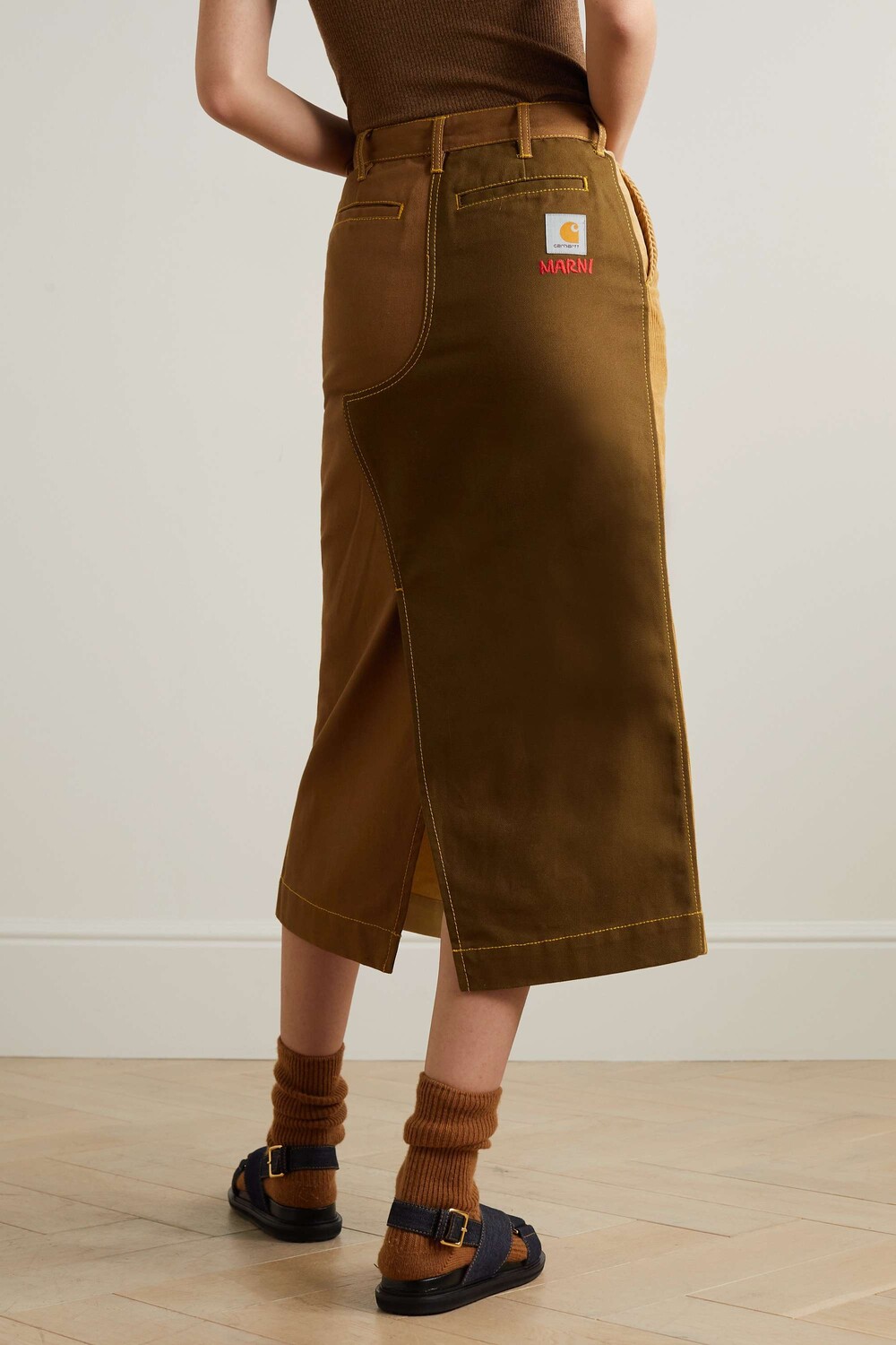 

MARNI + Юбка миди Carhartt WIP в стиле колор-блок из хлопка и вельвета, коричневый