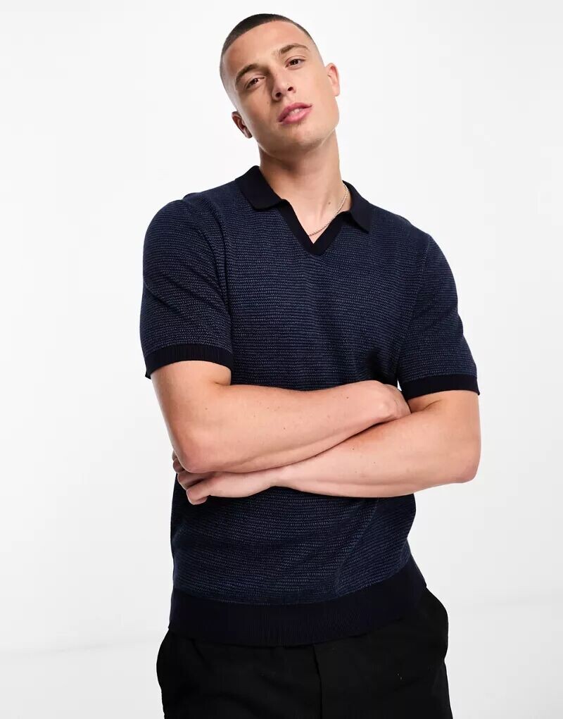 

Темно-синяя текстурированная трикотажная рубашка-поло Jack & Jones Premium с воротником с лацканами