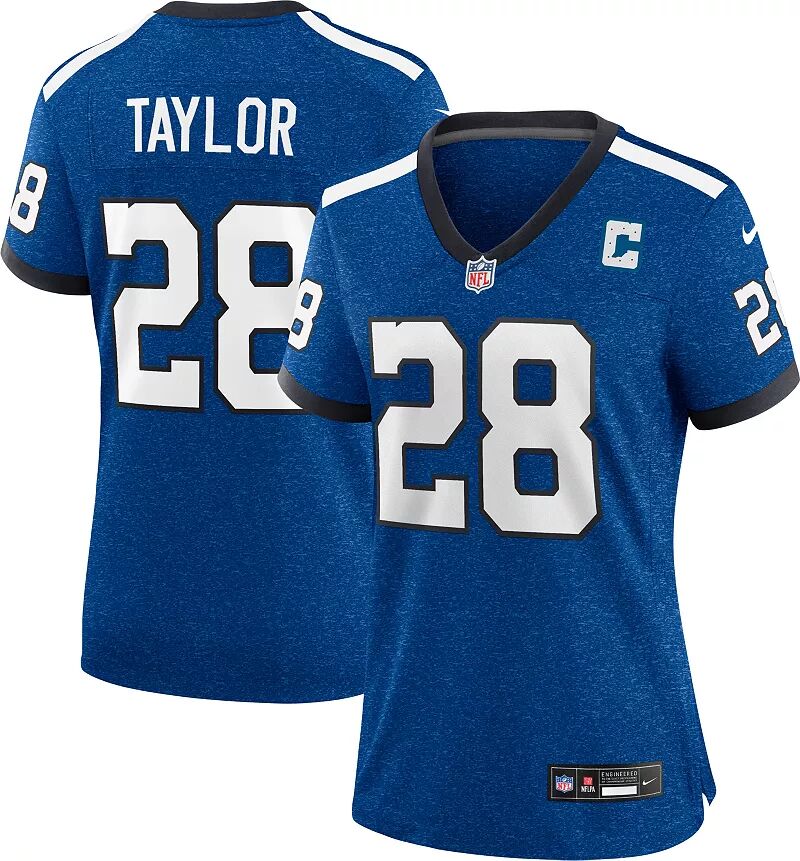 

Женская футболка Nike Indianapolis Colts Jonathan Taylor № 28, альтернативная синяя игровая футболка