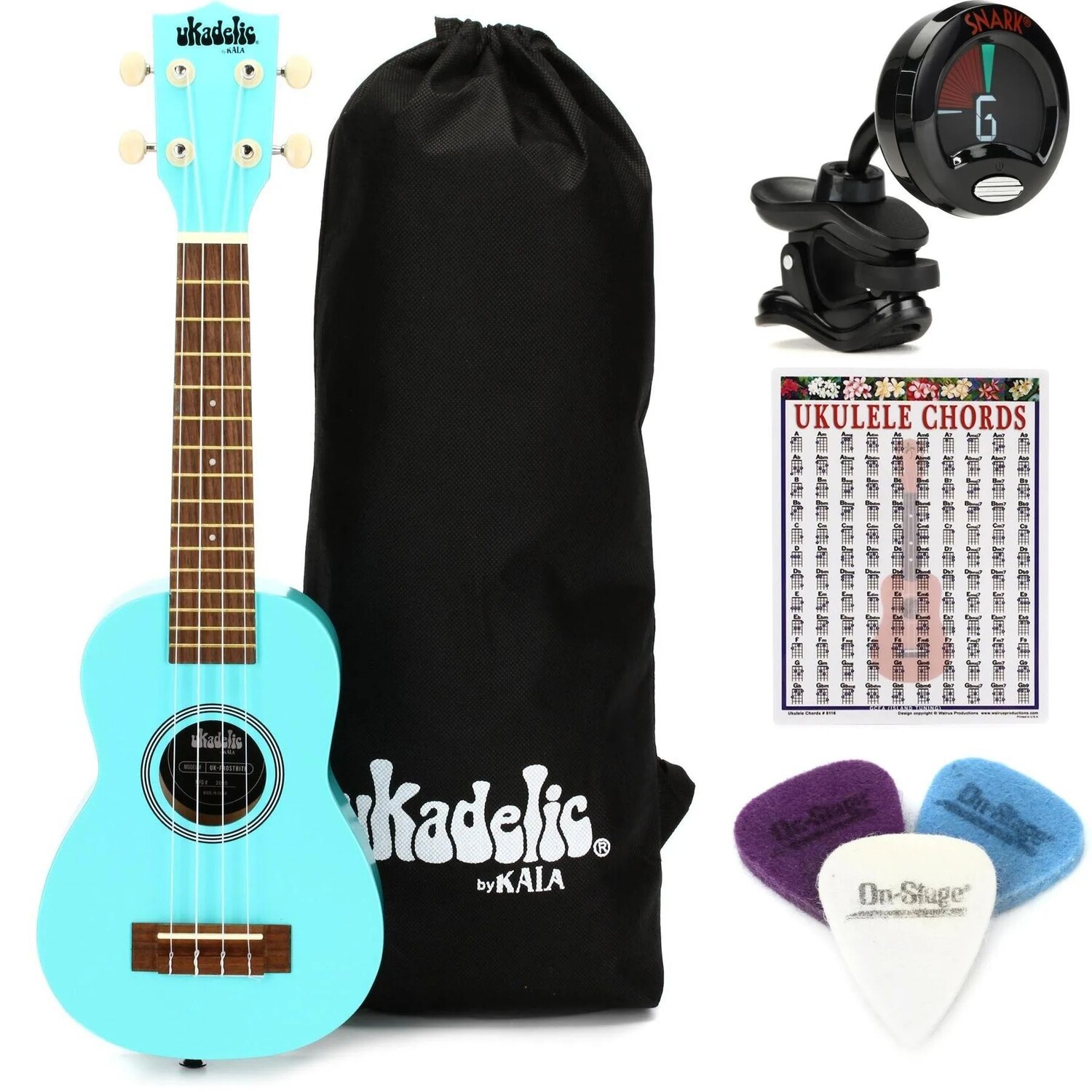 

Новый комплект Kala Ukadelic Soprano Ukulele Essentials Bundle — Frost Bite