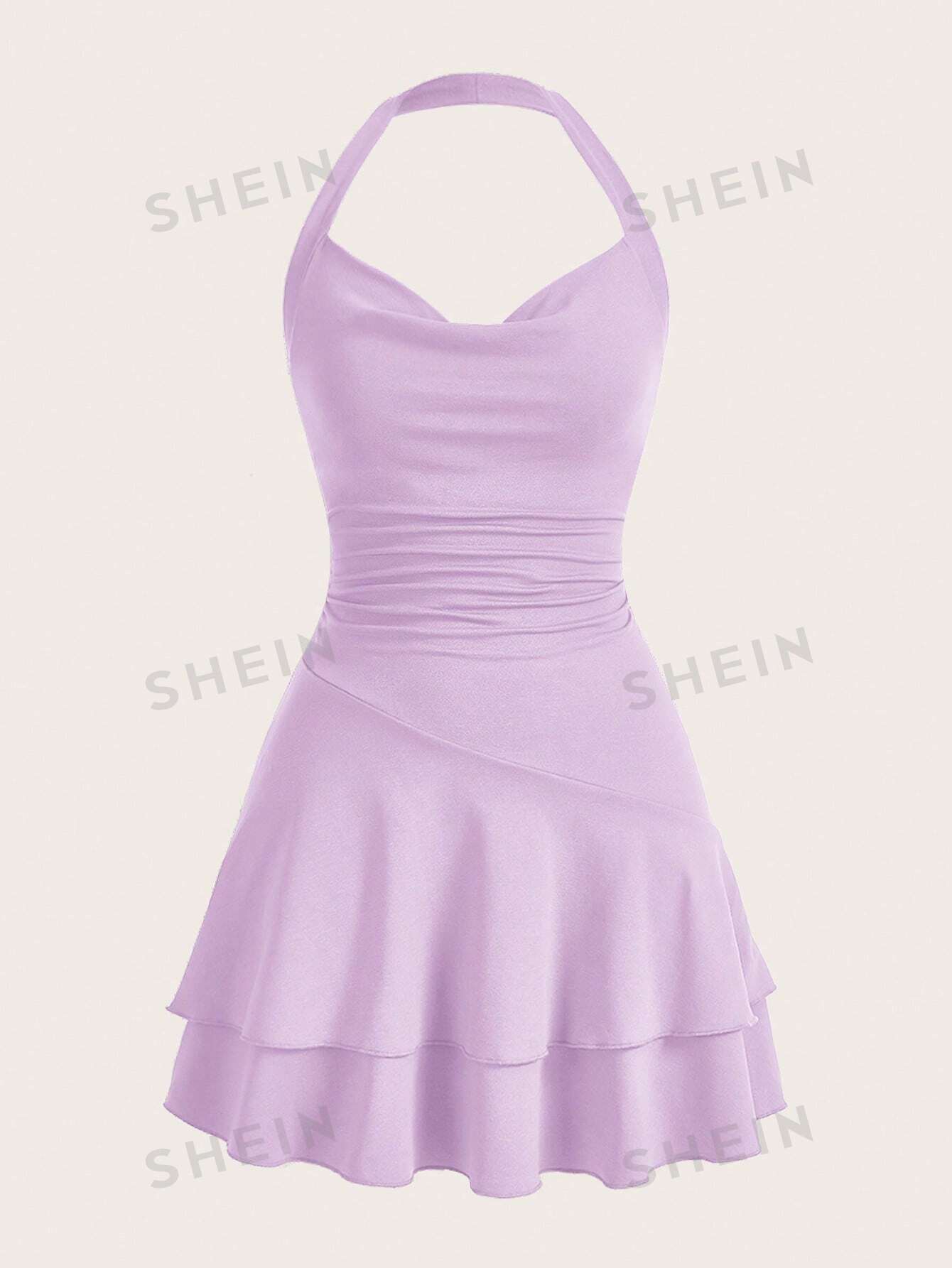 SHEIN MOD однотонное женское платье с бретелькой на шее и многослойным подолом, сиреневый фиолетовый женское модельное дизайнерское плиссированное платье облегающее праздвечерние чное платье миди с коротким рукавом воротником рубашкой