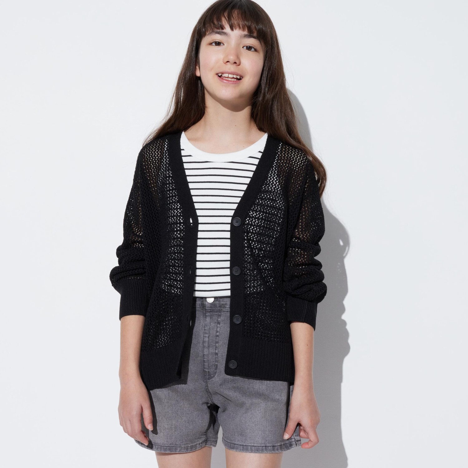 

Кардиган Uniqlo для девочек сетчатый с v-образным вырезом, черный