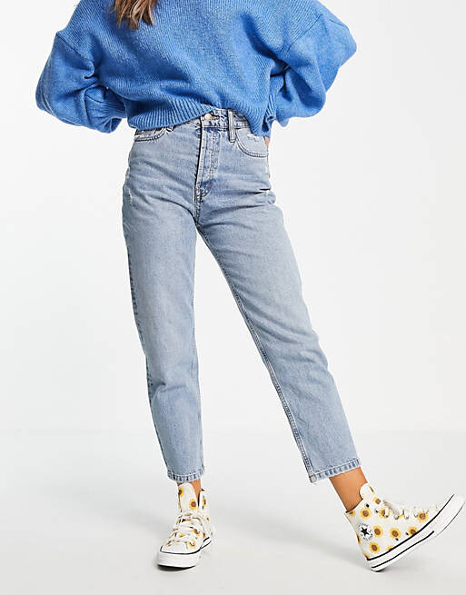 

Синие джинсы с завышенной талией и потайной застежкой на пуговицы Pull&Bear