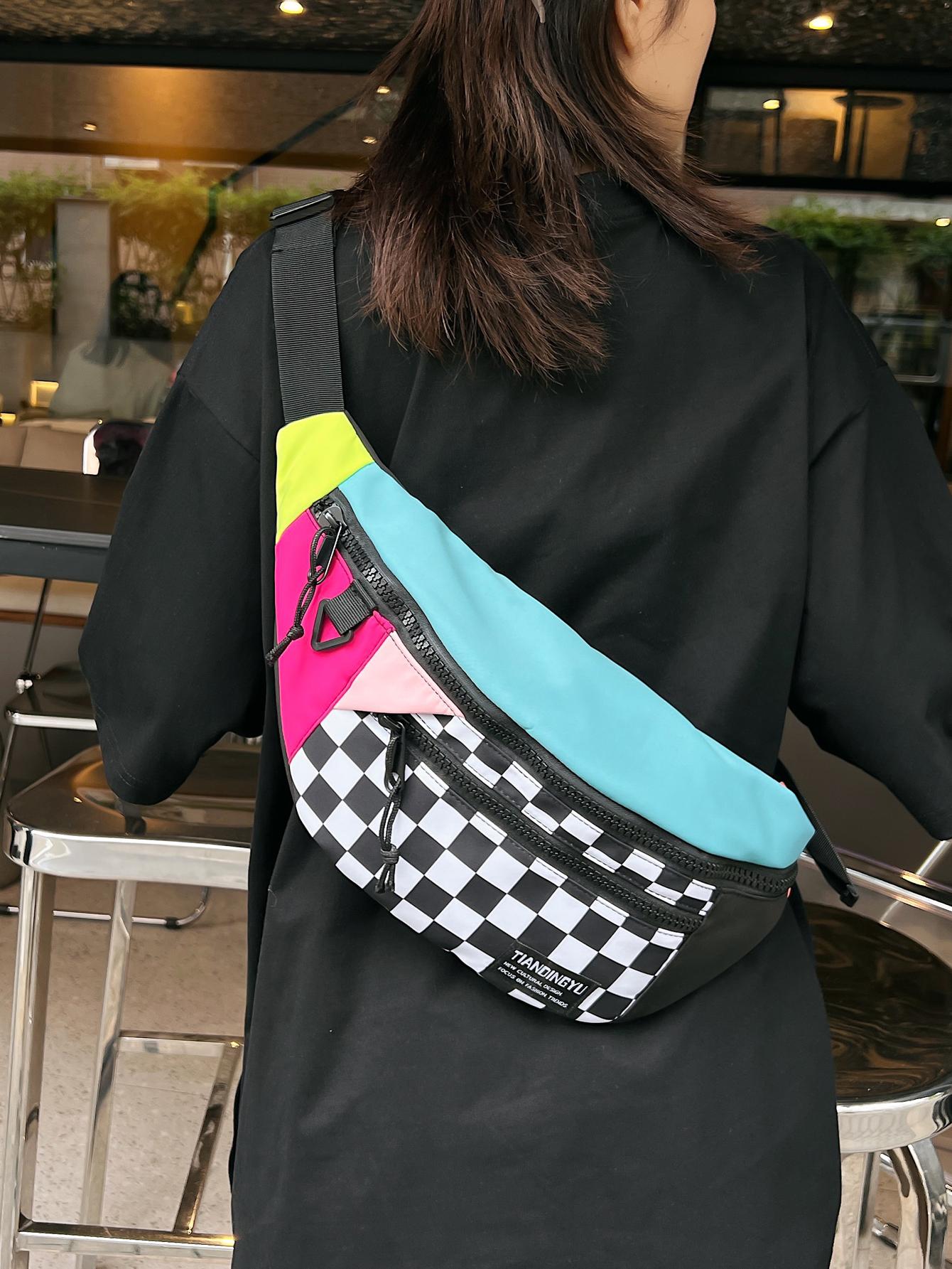 Негабаритная поясная сумка с цветными блоками и геометрическим узором, многоцветный мужской повседневный рюкзак с цветными блоками и буквами многоцветный