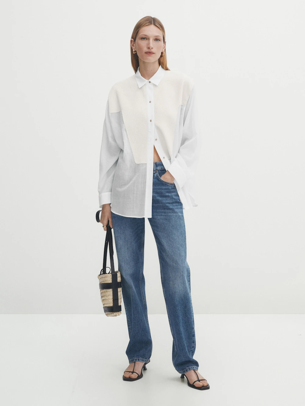 

Полупрозрачная рубашка с деталями на грудье Massimo Dutti, белый