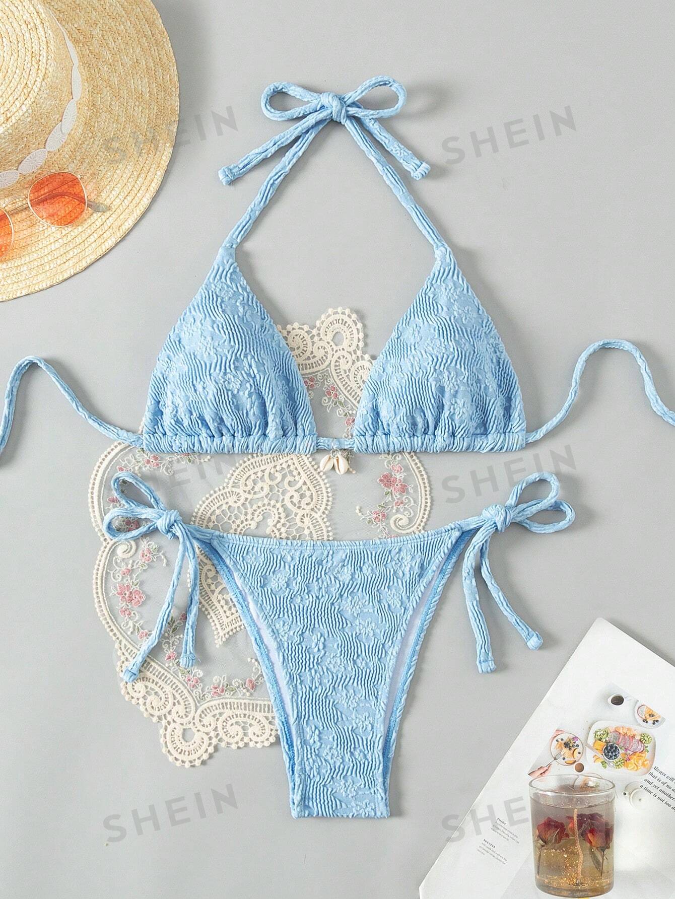 цена SHEIN Swim Vcay Женский комплект бикини с цветочной текстурой и вырезом через шею, синий