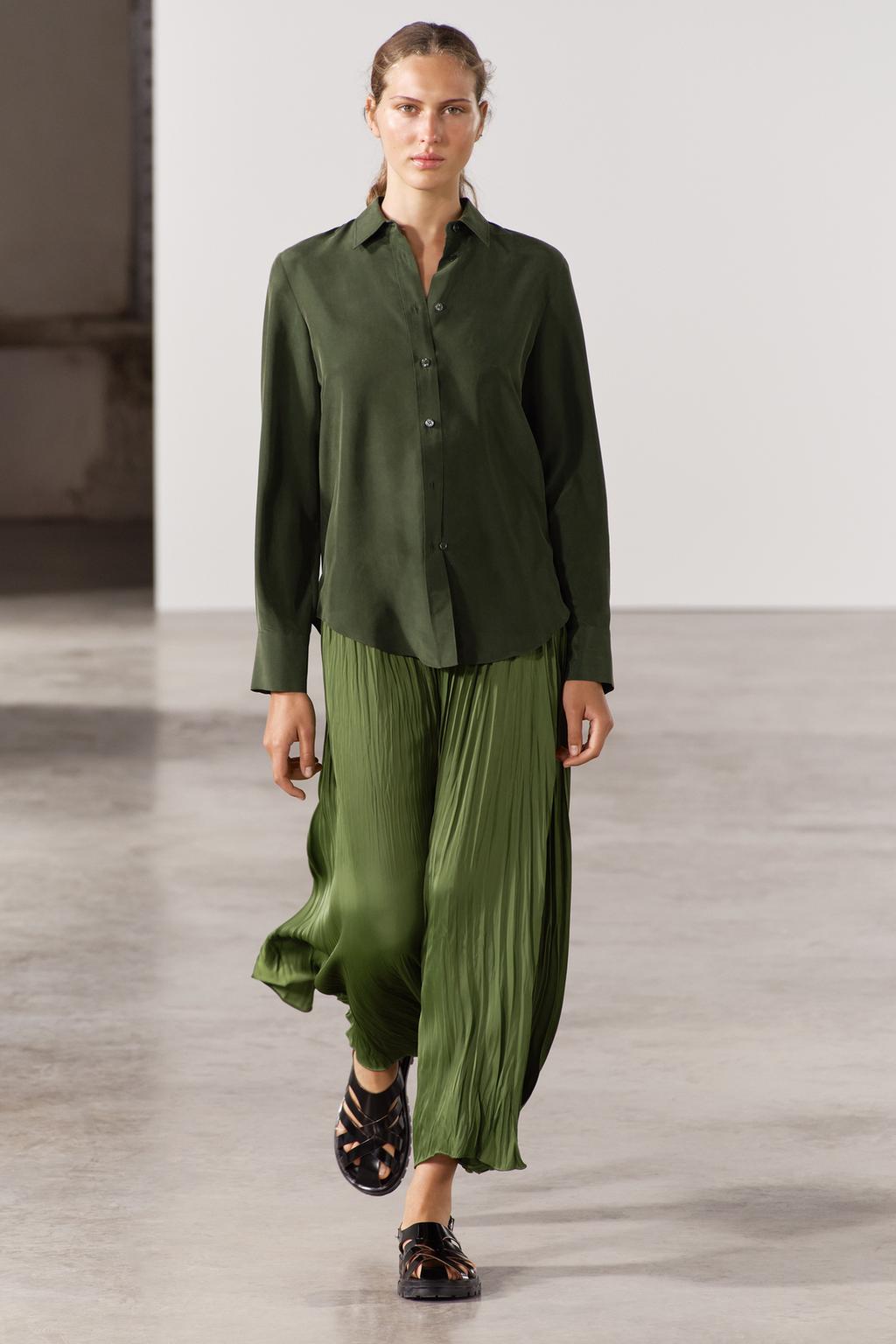 Плиссированная юбка миди ZARA, зеленый юбка миди женская винтажная с поясом высокой талией и разрезом
